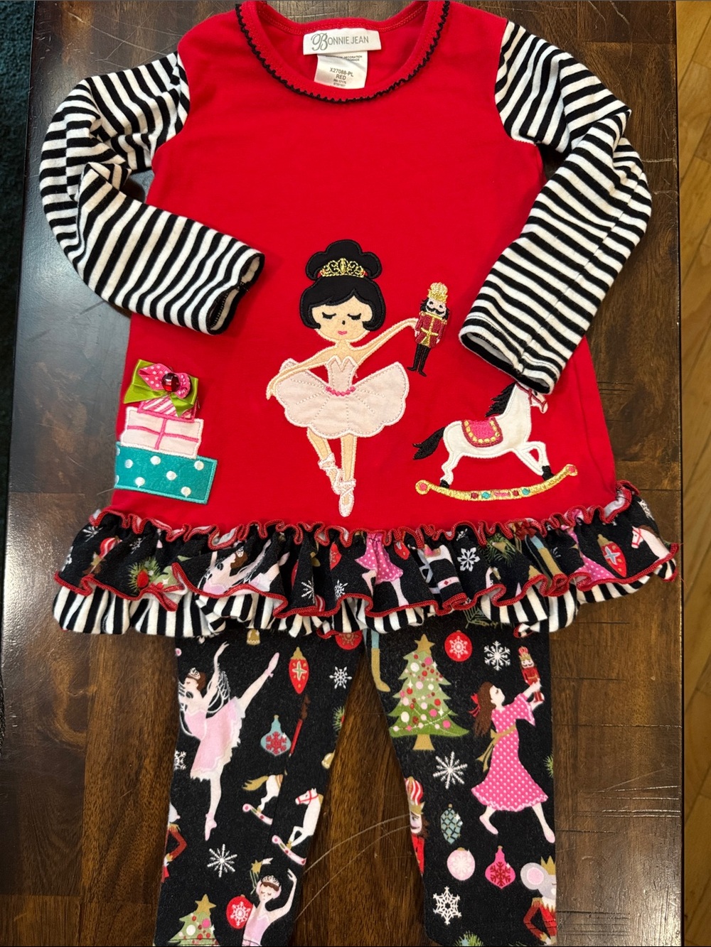 Bonnie Jean Red Nutcracker Ballerina Dress with Black & White Striped Sleeves